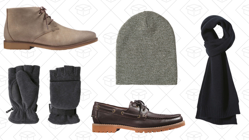 Men’s Desert Boots, $44 | Men’s Convertible Mitts, $8 | Men’s Slouchy Hat, $8 | Men’s Faux Leather Boat Shoes, $37 | Men’s Knit Scarf, $12
